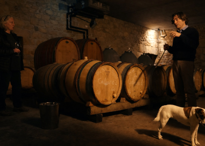 El enólogo Telmo Rodríguez realiza una cata frente a su hermana Amaia Rodríguez en la bodega Remelluri.