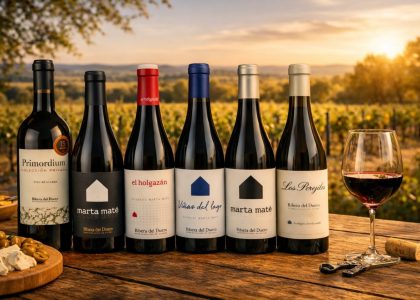 Vinos de Bodegas Marta Maté en viñedo Ribera del Duero con copa de vino