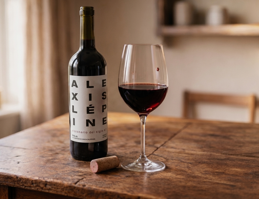 Vino tinto Alexis Lépine Rioja en botella con copa servida sobre mesa de madera