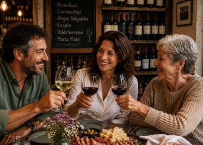 Tres personas brindando con vino tinto y blanco en una vinoteca especializada, rodeadas de botellas y productos gourmet.