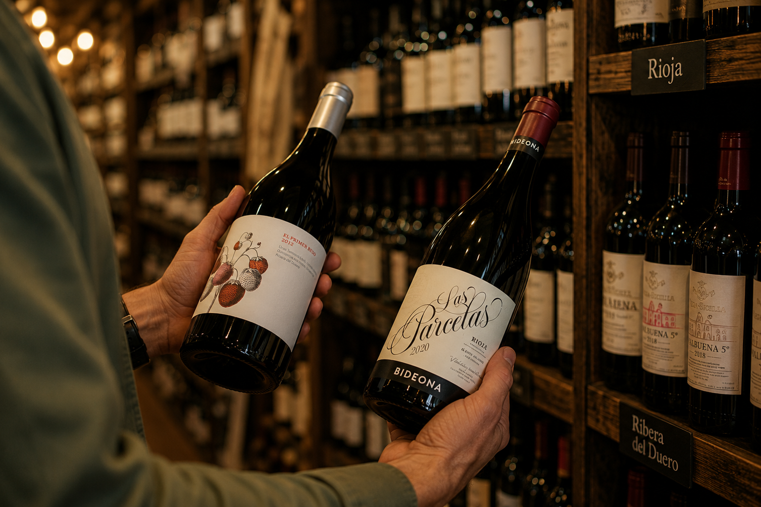 Cliente comparando dos vinos en una vinoteca especializada: Las Parcelas de Bideona y El Primer Beso de Ribera del Duero.