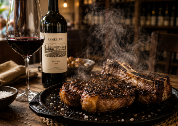 vino tinto remelluri con chuleta y maridaje gastronómico