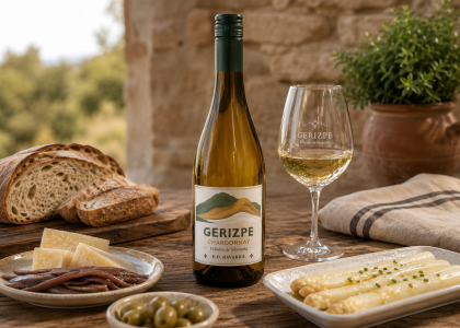 Botella de Gerizpe Chardonnay acompañada de pan, queso, anchoas y espárragos de Navarra sobre una mesa de madera.