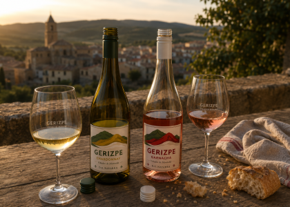 Botellas de Gerizpe Chardonnay y Gerizpe Garnacha Rosado abiertas sobre una mesa de madera con dos copas de vino y vistas a San Martín de Unx, Navarra.